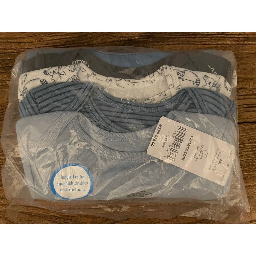 Carter's Baby Boys 5 Pack 6 Month 6M Bodysuit Animal Set Blue and White - Picture 5 of 6